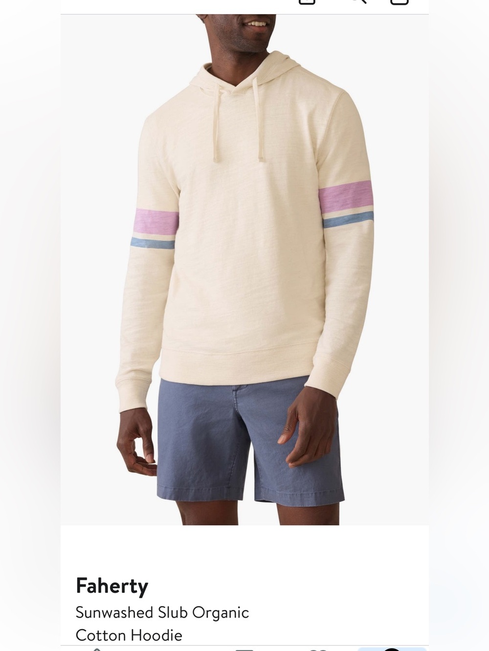 Faherty Cream Hoodie with Pink and Blue Stripe Sleeves